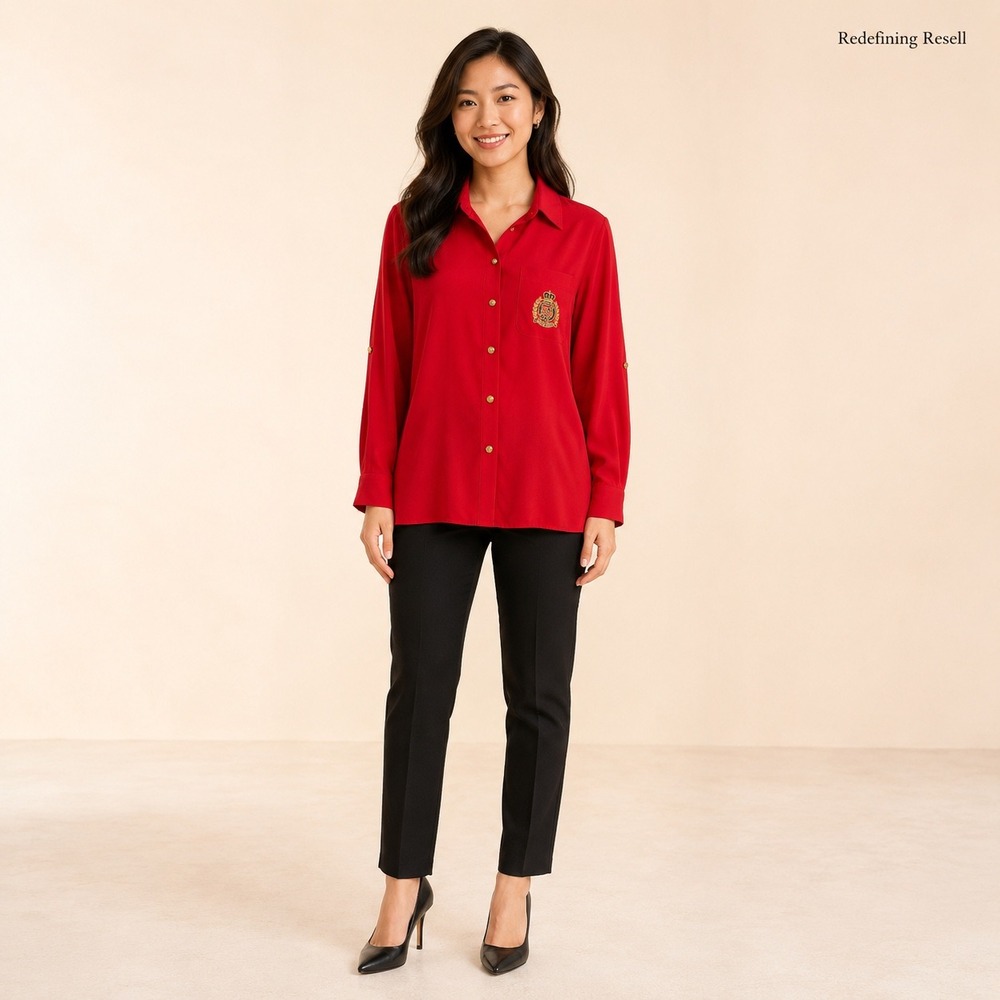 Lauren Ralph Lauren Red 100% Silk Crest Embroidered Roll Tab Blouse Petite P/P